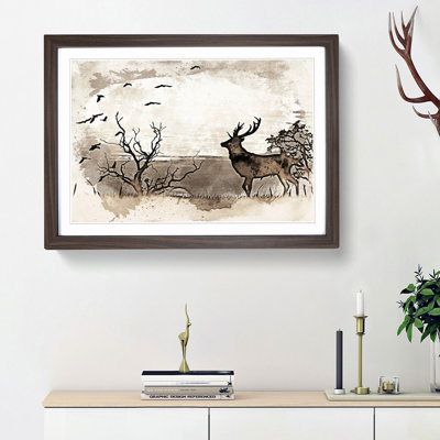 Stag Deer with Birds in Abstract - Framed Print