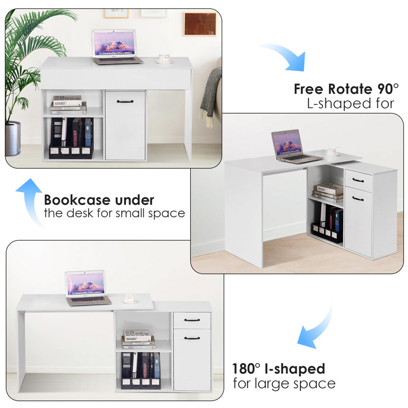 Selena L-Shaped Computer Desk With 4 Storage, White