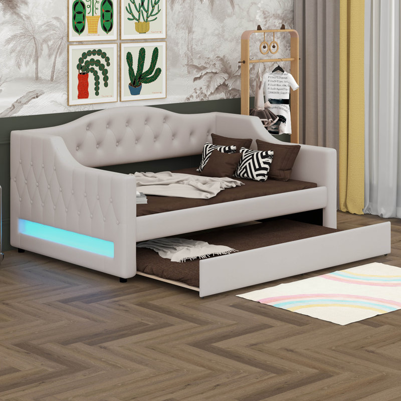Upholstered Daybed, Sofa Bed With LED Belt And 2 Drawers, Linen Tufted Day Bed For Living Room, Bedroom, Beige, Full XL