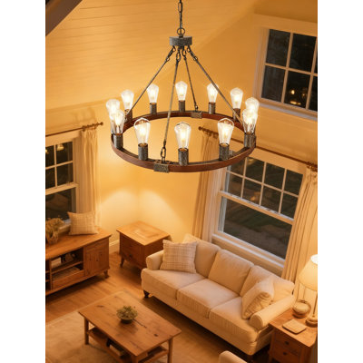 26 Inch Wagon Wheel Chandelier, 12-Light Rustic Wood Farmhouse Lighting Fixture With Adjustable Chain For Dining Room, Kitchen, Living Room, Entryway