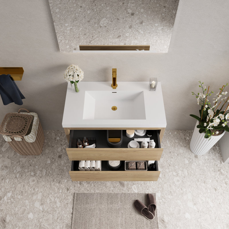 36" Wall-Mounted Bathroom Vanities Floating Single Sink Vanity with Stone Resin Top Basin, 2 Soft Close Drawers, Natural Oak