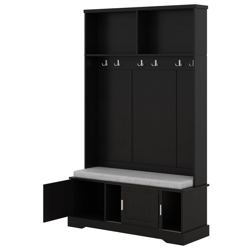 78.7" Hall Tree With Sliding Doors, Versatile Coat Rack With 6 Silvery Hooks & Handles, Bench Cabinet W/Shoe Storage, Black