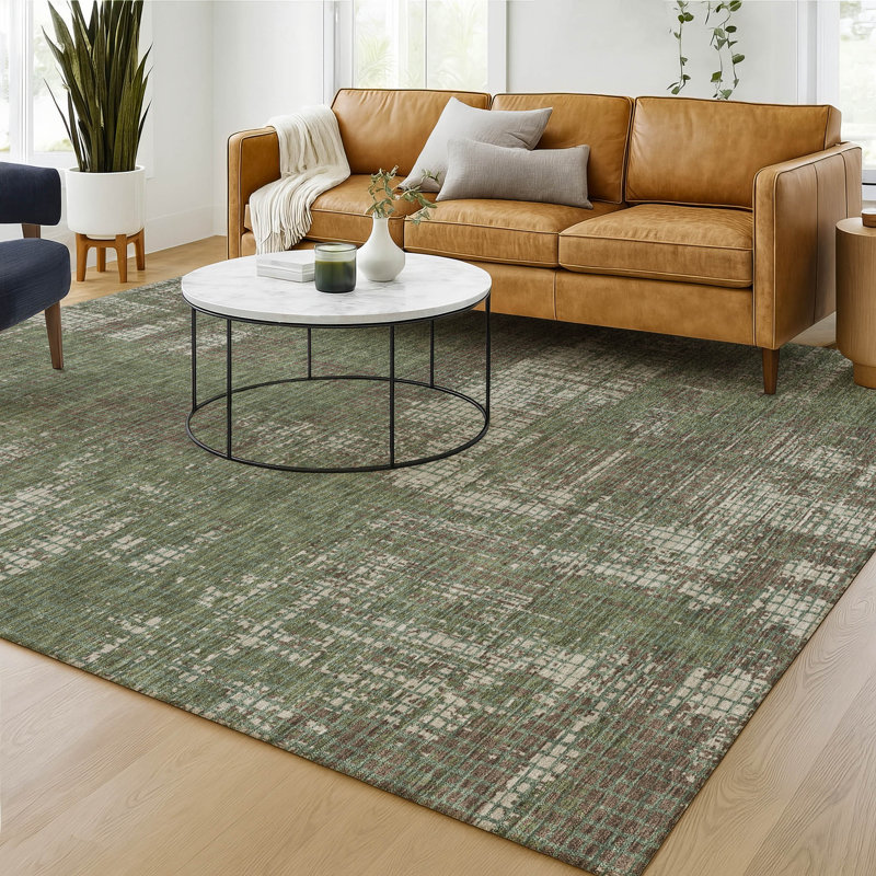 Tapis abstrait lavable à la machine intérieur / extérieur ACN2856, Olive, 10 pi x 14 pi