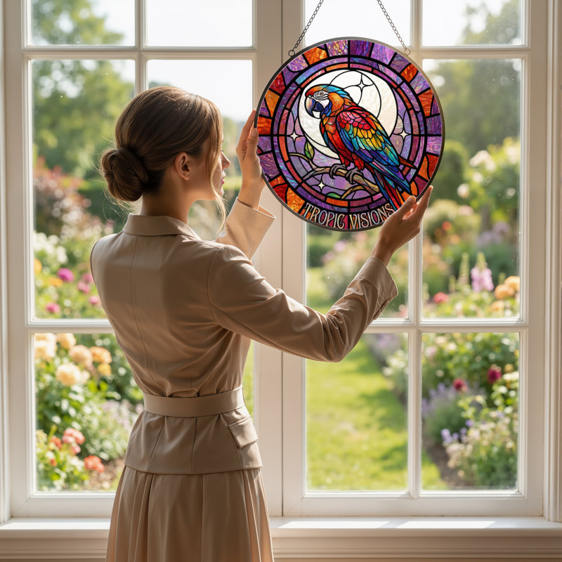 7.8"H Tropical Parrot Stained Glass Window Panel, 7.8" H x 7.8" W