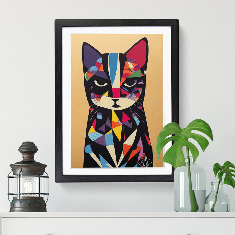 Colourful Abstract Cat Vol.4 - Framed Print, 64cm H x 46cm W, Beige Framed
