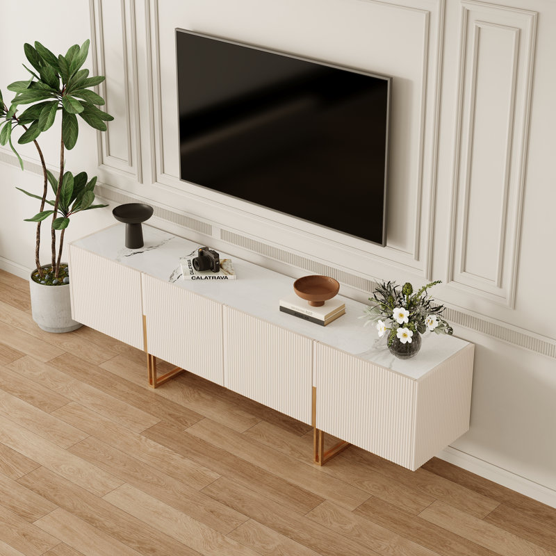 Pierpoint Modern Luxury TV Stand, Entertainment Center with Faux Marble Top, TV Console with Gold Stainless Steel Legs, 78.7"