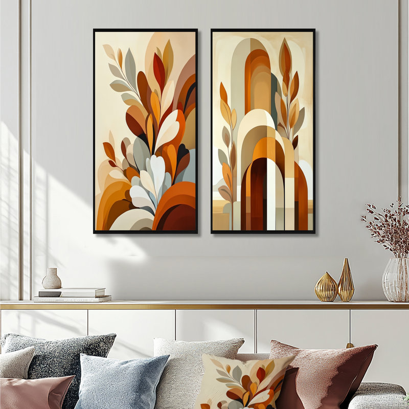 Formes bohèmes superposées I - Ensemble de 2 décorations murales bohèmes abstraites, 40" H x 40" W, Black Floater Framed
