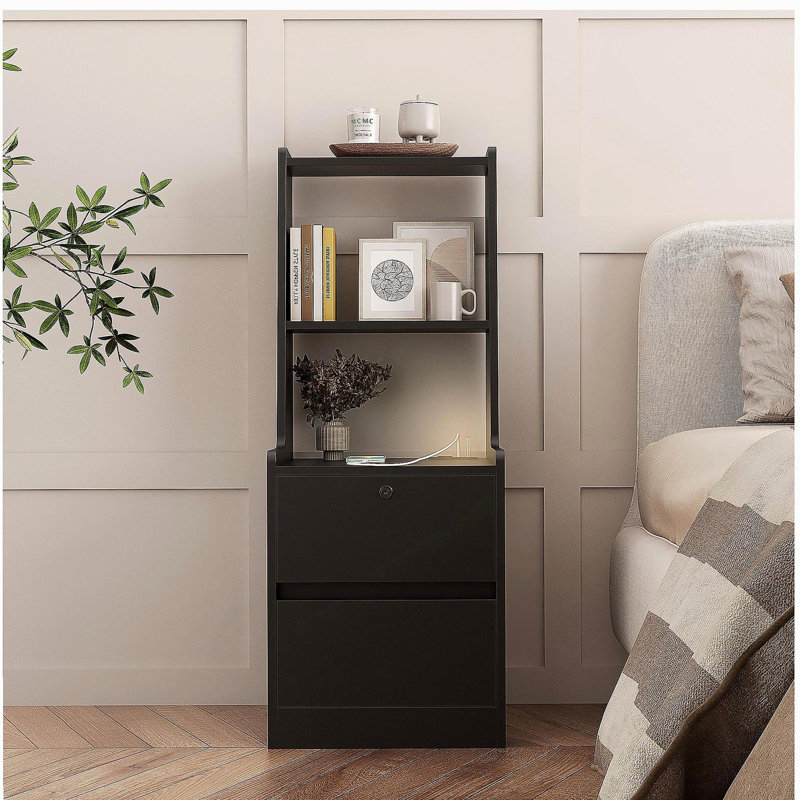 Armoire de chevet avec station de charge, armoire de chevet intelligente avec veilleuse, armoire de chevet moderne avec bibliothèque, armoire de rangement de chambre à coucher, armoire de chevet, noir