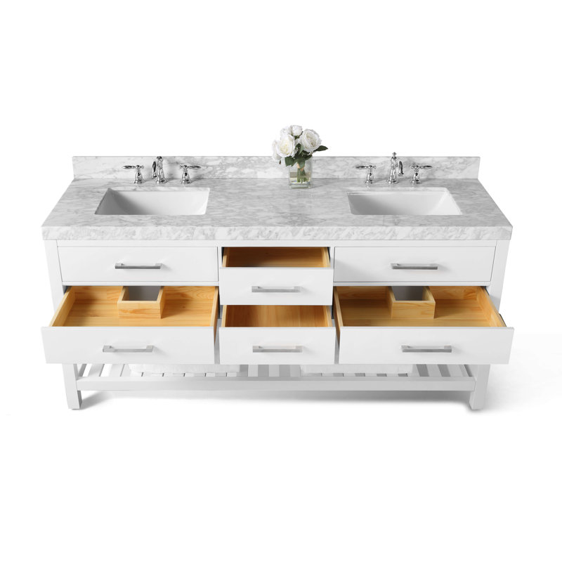 Elizabeth 72" Double Bathroom Vanity Set with Mirror, Carrara White, Nickel, Sapphire Gray