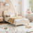 Upholstered Bed Frame with Adjustable Headboard and Footboard, Velvet Princess Platform Bedframe for Kids/Girls-1506505170-1506505173