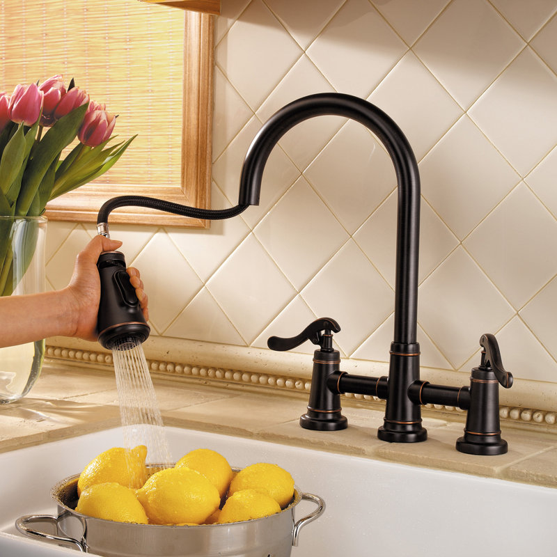 Ashfield Pull Down Double Handle Kitchen Faucet, Tuscan Bronze
