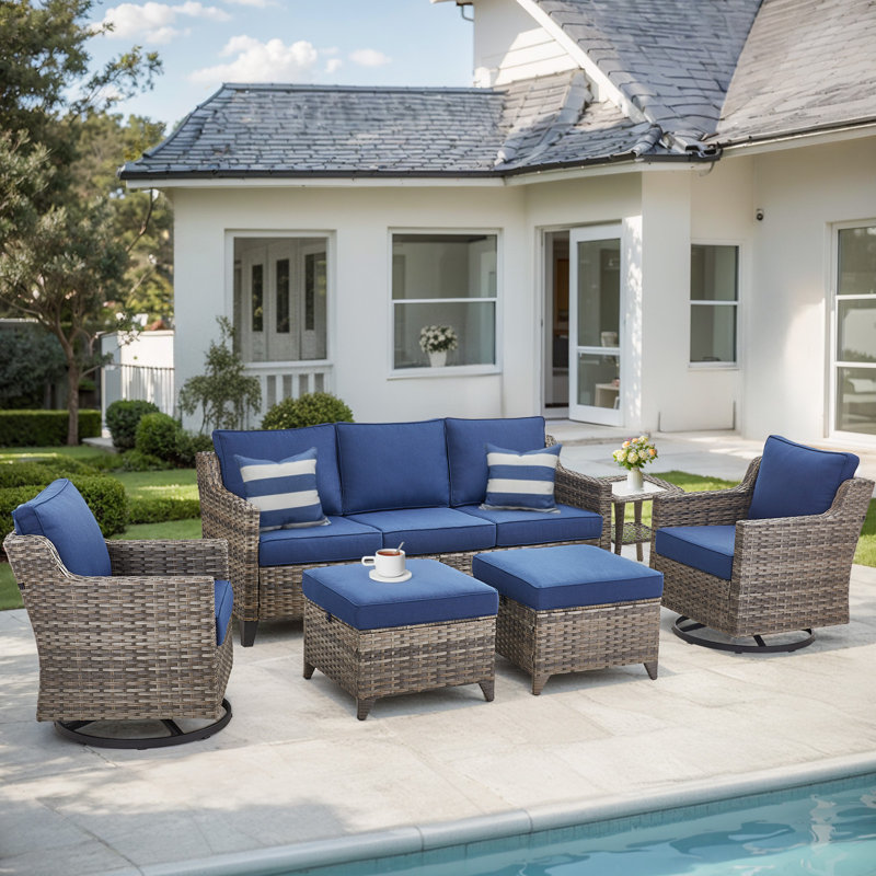 Lark Manor™ 6 Pieces Outdoor Wicker Patio Conversation Furniture Set, 5-Person Seating Group With Side Table & Ottomans, All-Weather PE Rattan Outdoor Sofa Set For Poolside, Garden, Deck, Blue, Beige