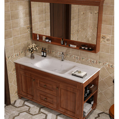 Meuble-lavabo français en bois d'hévéa avec comptoir en pierre frittée