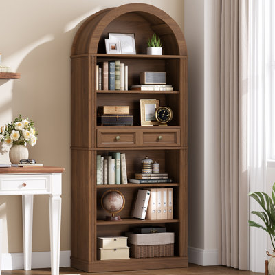 73" Arched Bookshelf, 6-Tier Farmhouse Bookcase with Drawers and Open Shelves - Wooden Display Shelf with Adjustable Shelf