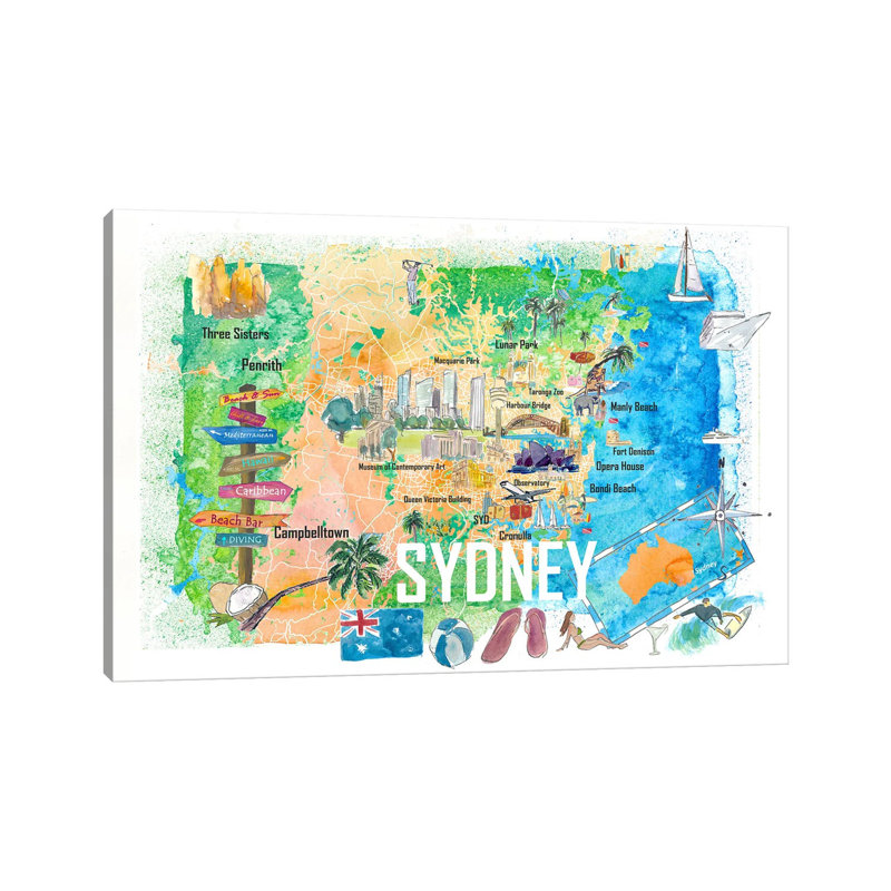 Sydney, Sydney, carte illustrée des principaux points d'intérêt et des points forts de la route par Markus et Martina Bleichner, impression sur toile tendue