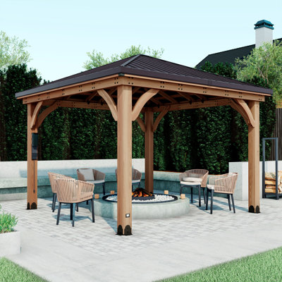 Backyard Discovery Barrington 12' x 12' Cedar Wood Outdoor Patio Gazebo with Hardtop Galvanized Steel Hip Roof and PowerPort