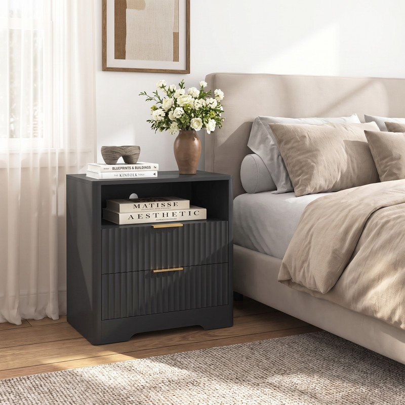 Table de chevet intelligente noire avec station de recharge intégrée et veilleuse, meuble de rangement multifonctionnel pour chambre à coucher