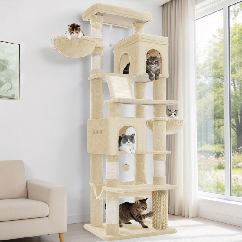 Large Cat Tree Tower, Cat Tree for Indoor Cats, Climbing Tower for Large Cats, 5 Scratching Post, 2 Large Platform, 2 Caves, 2 Baskets, Stairs, Hammocks