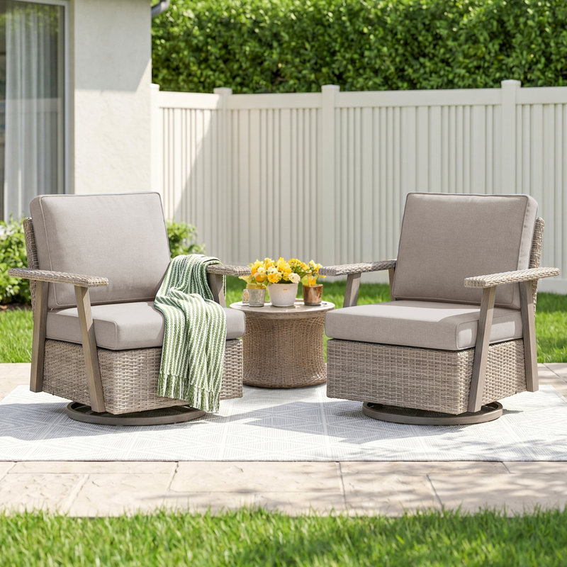 Constantino 2-Piece Outdoor Swivel Rocking Chairs, 360° Wicker Patio Glider with Cushions, All-Weather Rattan for Porch Backyard