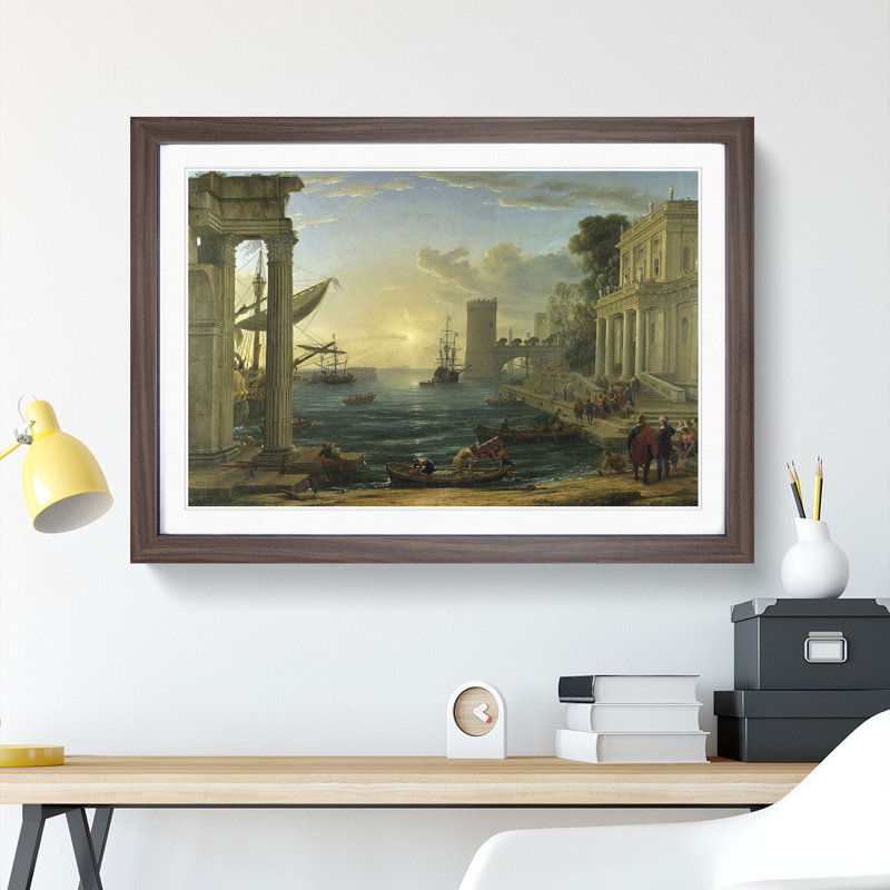 Embarkation of the Queen of Sheba by Claude Lorrain - Picture Frame Painting on MDF, Walnut Framed, 27cm H x 36cm W x 2cm D