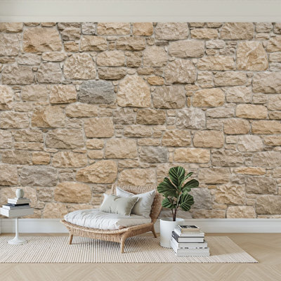 Wall Mural Peel and Stick Wallpaper Rustic Stone Wall Natural Gray Beige Stones Self-Adhesive Removable Contact Paper Wall Decor for Living Room Bedroom 100"H x 144"W