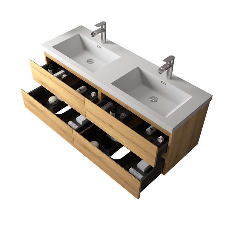  Meuble-lavabo mural double 60 po avec comptoir en résine blanc brillant pour salle de bain moderne, 60D