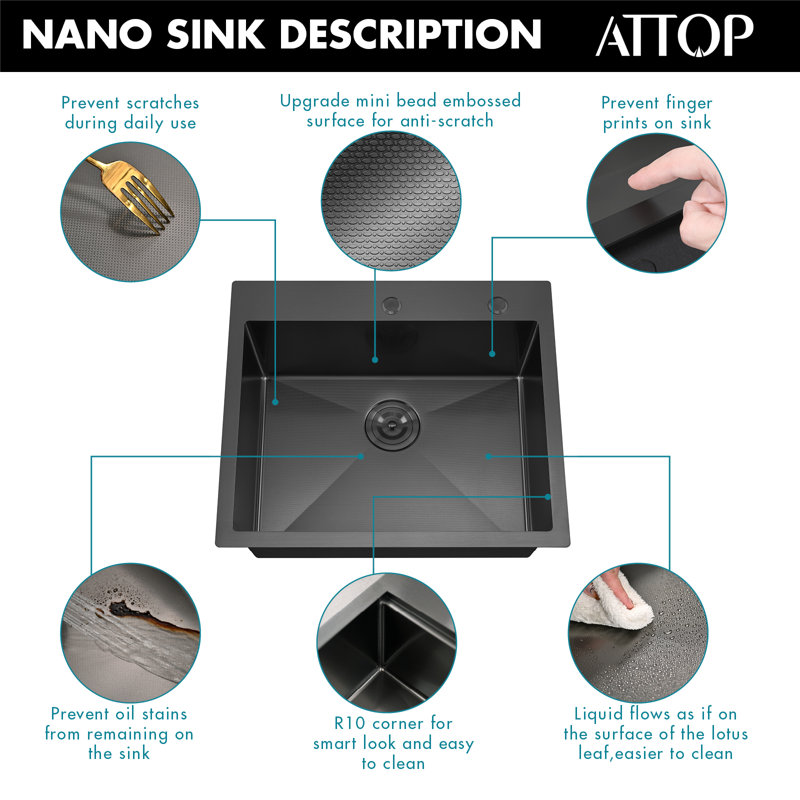 Attop Handmade Nano Black Stainless Steel Scratch-resistant 25 Inch Single Bowl Drop-in Kitchen Sink With Strainer
