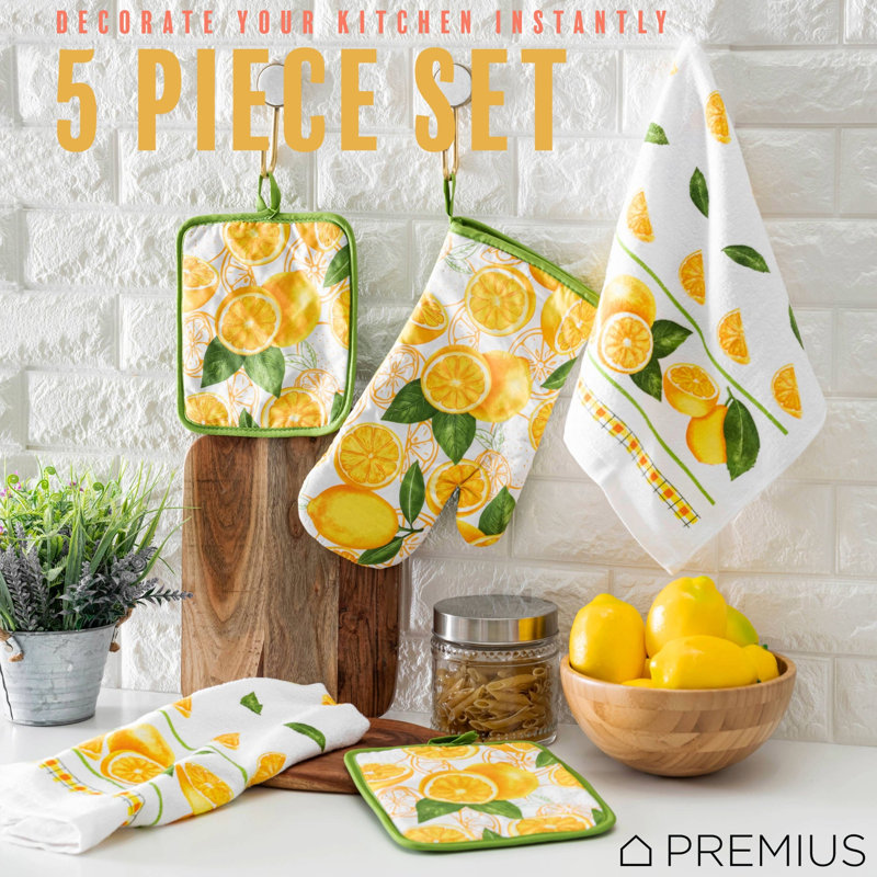 PREMIUS 5 Piece Printed Kitchen Linen Set, Lemon, 2 Cotton Towels, 2 Pot Holders, 1 Oven Mitt