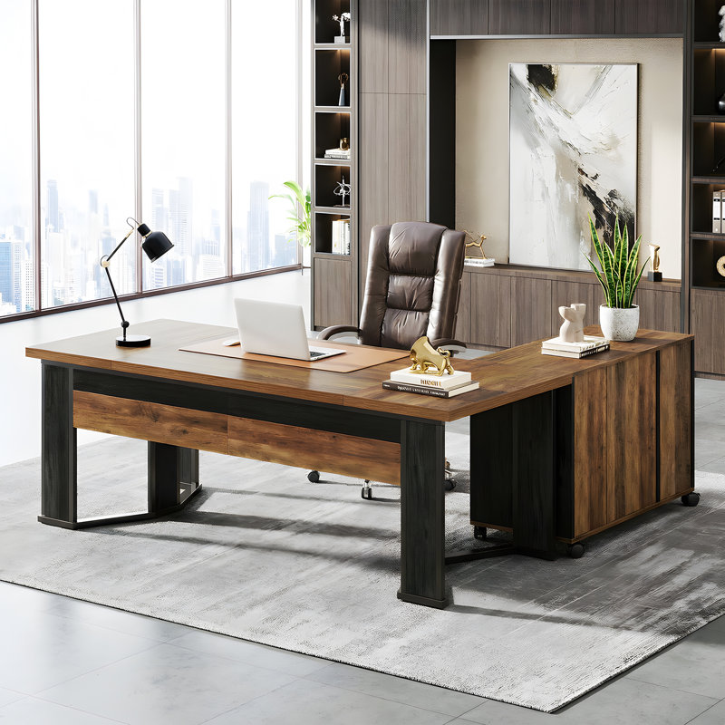 Ensemble 2 pièces de bureau de direction en L avec classeur latéral mobile de 70,86 po Barbrook, Brun