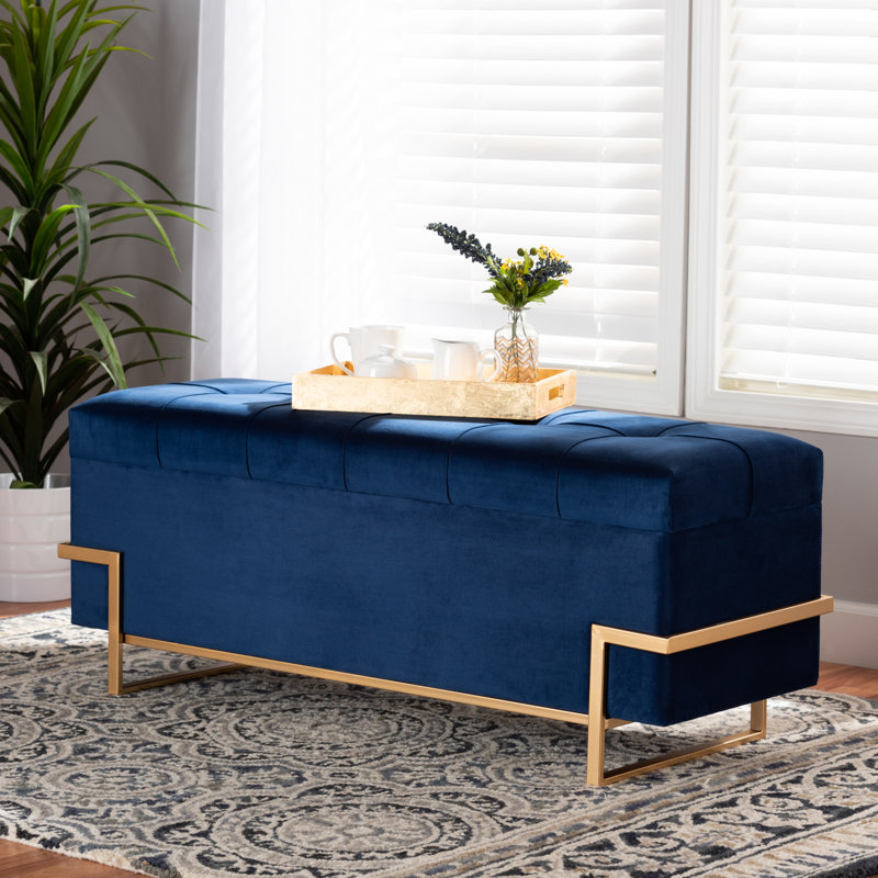 Ivaniel Velvet Storage Ottoman in Rectangle With Metal Legs, 18.5'' H X 47.85'' W X 16.25'' D