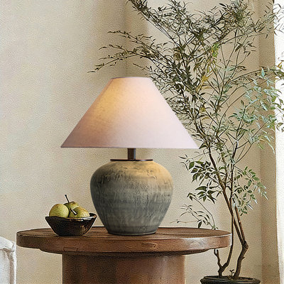 Handcrafted Earthenware Table Lamp With Linen Shade – Rustic Farmhouse Accent Lamp With Included Bulb For Bedroom Or Living Room
