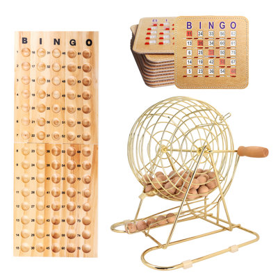 Deluxe Bingo Game Set with Large Brass Cage, 25 Shutter Slide Bingo Cards, Wood Board and Balls for Large Groups, Game Night Parties
