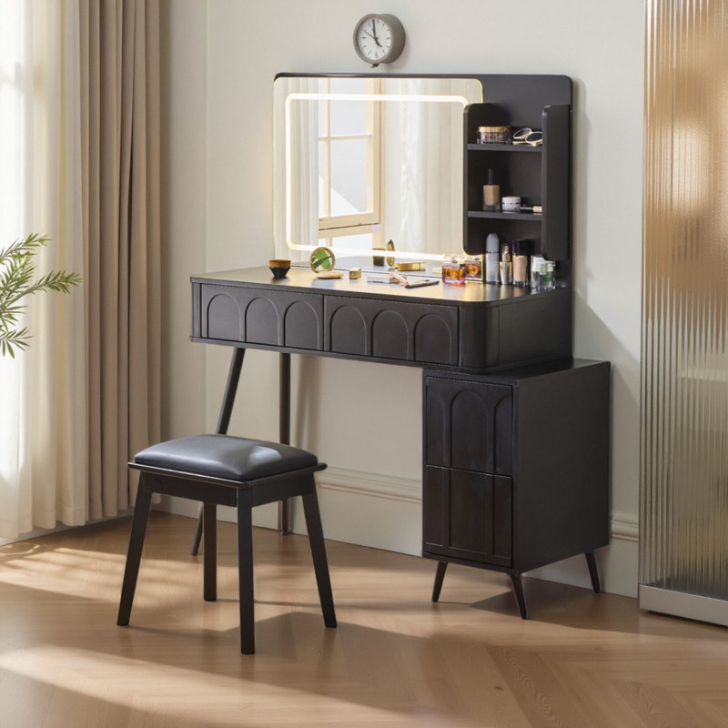 Modern Makeup Vanity Set with LED Mirror & 4 Drawers - 3-Color Dimmable Lights, Fluted Waveform Design, Space-Saving Dressing Table with Stool