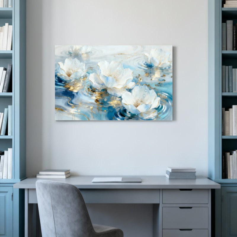 Ensemble de 1 tableau abstrait aquarelle sur toile tendue, motif de fleurs blanches et accents dorés, H 12 po x l 18 po
