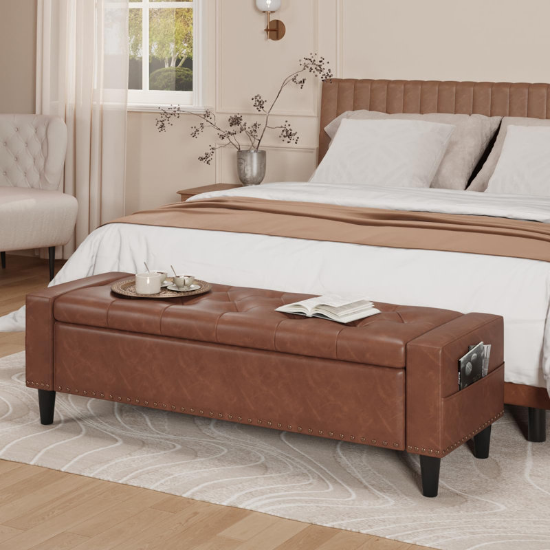 60" Faux Leather Storage Ottoman Bench, Brown