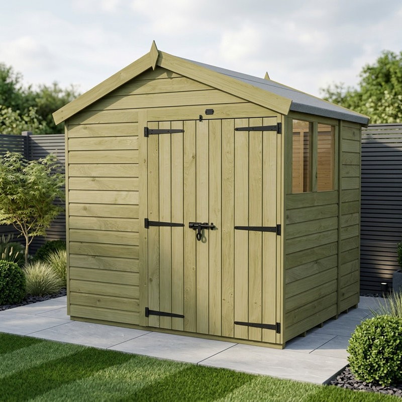Total Sheds 8ft x 6ft Apex Garden Shed - Double Door - With Windows - Pressure Treated Timber - UK Manufactured