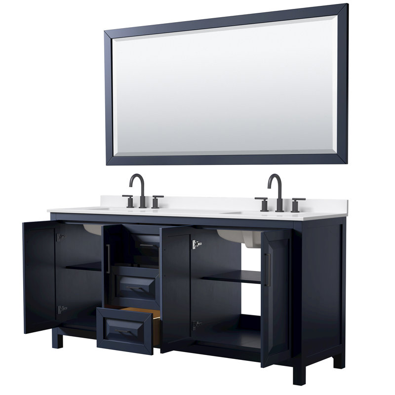 Meuble-lavabo double 72 po avec plateau en quartz et miroir Daria, Quartz Giotto, Bleu, Noir mat