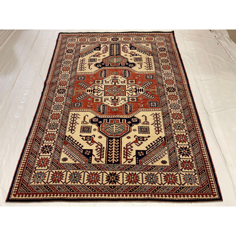 Tapis rouge / ivoire en laine Tribal One-of-a-Kind 5 pi 8 po x 7 pi 11 po Tribal