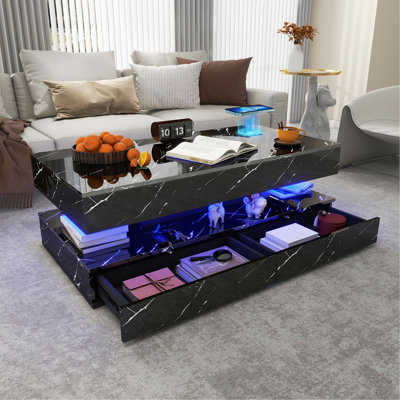 Table basse noire avec lumières DEL 24 couleurs, plateau en faux marbre, rangement, chargement sans fil et haut-parleur Bluetooth pour le salon | Idée de cadeau