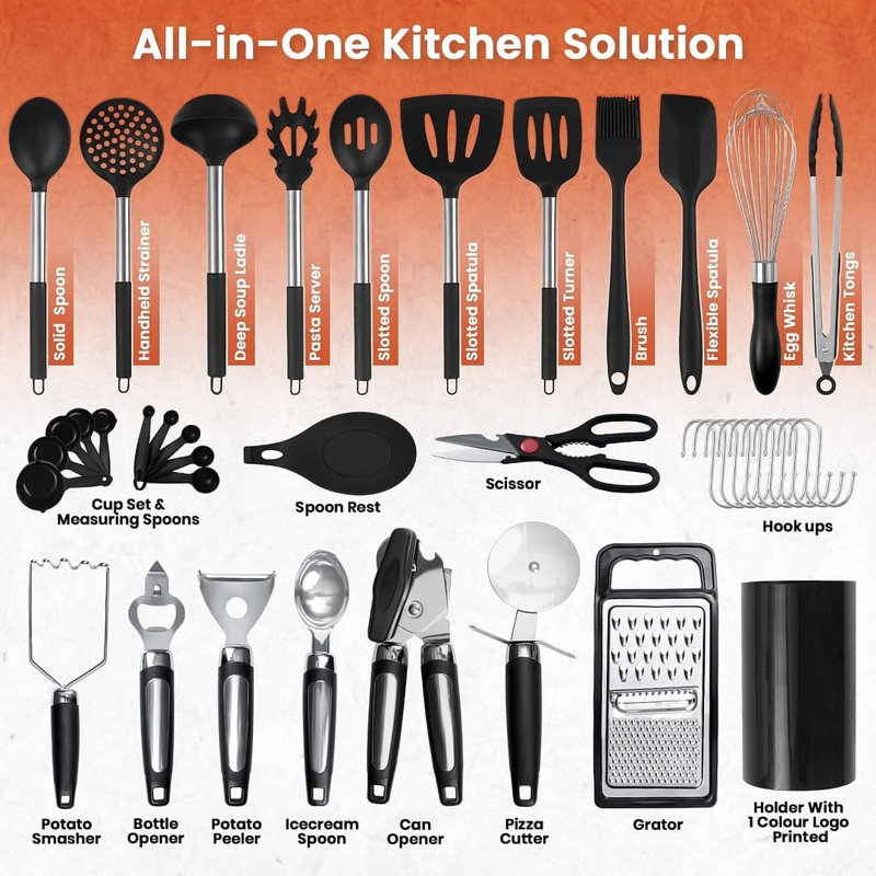 40Pcs Kitchen Utensils Set With Holder,Heat Resistant,Black