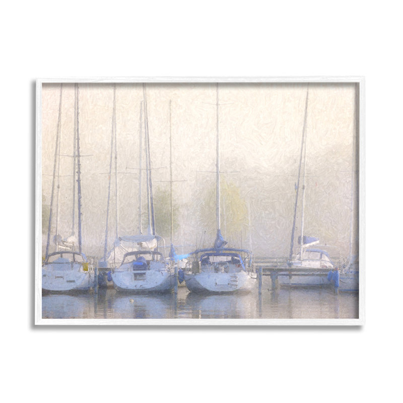 Voilier à quai, reflet du port encadré par Steve Hunziker, H 16 po x l 20 po x P 1,5 po, Giclée encadrée blanc bord de mer