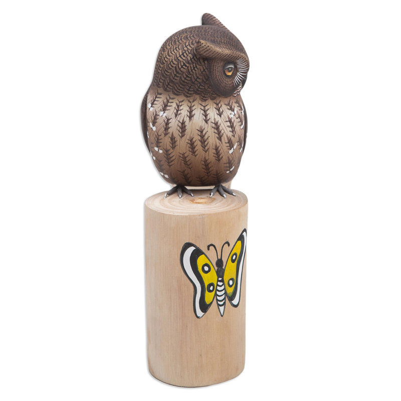 Sculpture hibou et papillon en bois