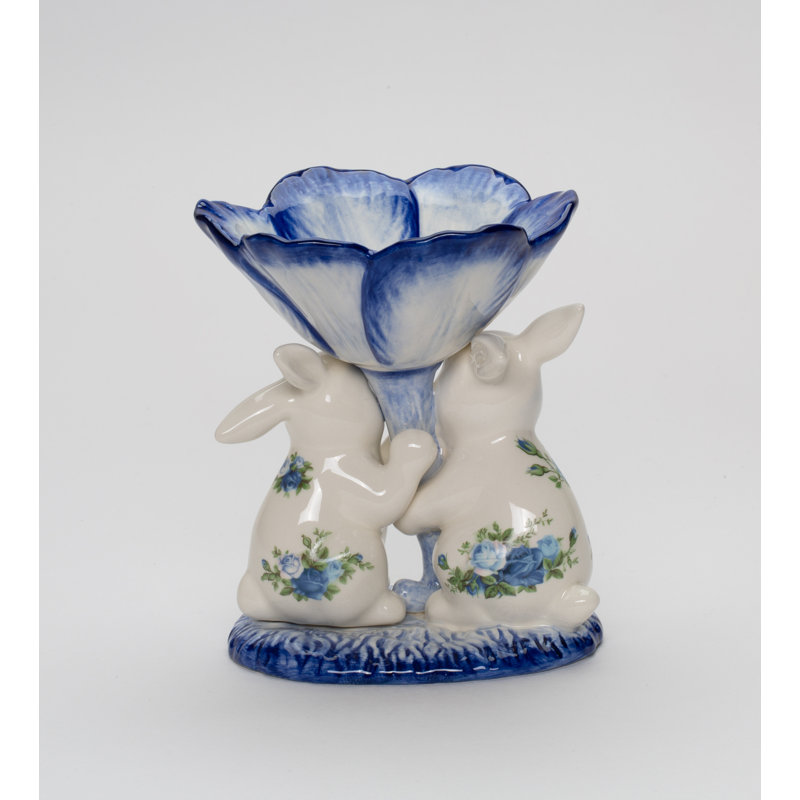 Easter Rabbits Candy Dish With Blue Roses