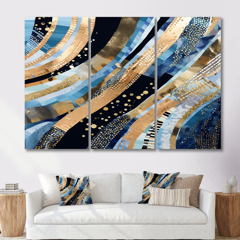 «Summer River Glam Sparkling Gold - Waves», ensemble de reproduction d'art mural, Toile tendue, H 28 po x l 36 po x P 1 po