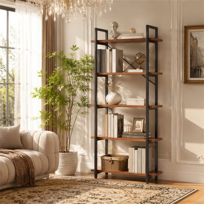 5-Tier Bookshelf, Industrial Etagere Brown Bookcase Display Shelf Unit