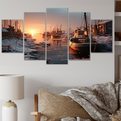 Paysage hivernal Icy Harbor - salon d'art mural de transport - 5 panneaux