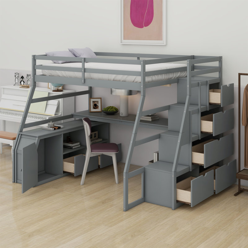 Lit mezzanine avec 7 tiroirs, 2 tablettes et un bureau, Blanc