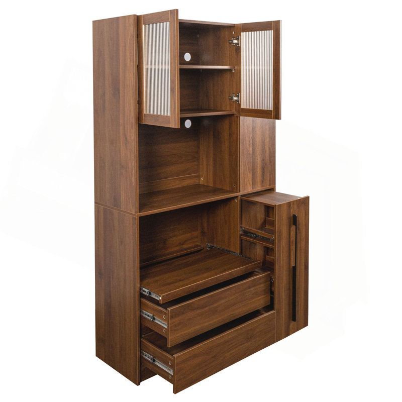 Grand garde-manger avec tablettes coulissantes multifonctionnelles, tablette latérale, tiroirs et porte vitrée pour un rangement polyvalent