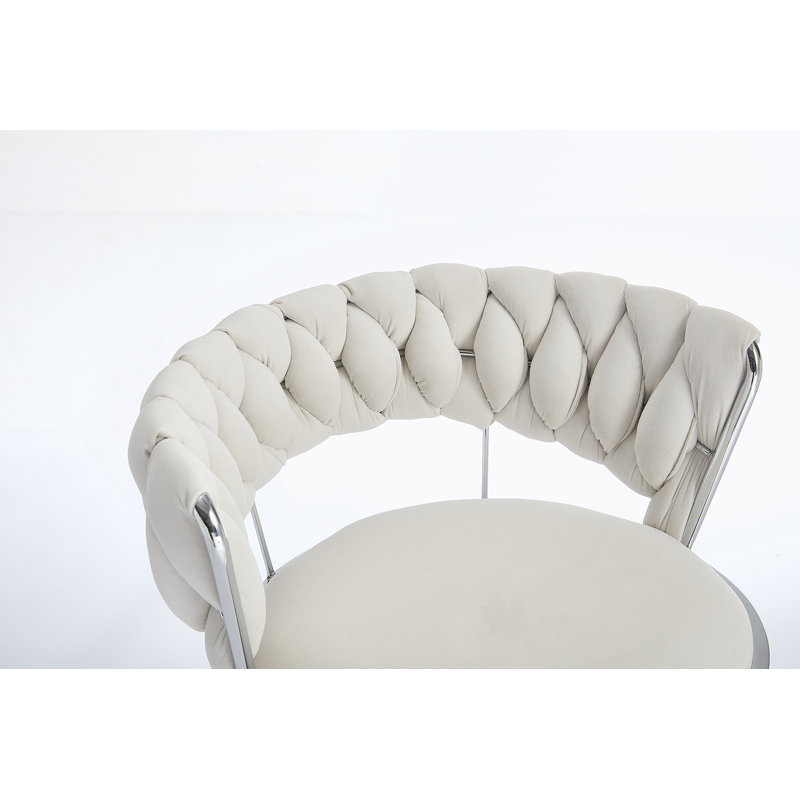 Ensemble de 2 tabourets de bar, avec repose-pieds chromé et base pivotante à hauteur réglable en velours + tabouret de bar simple à pieds chromés - Crème