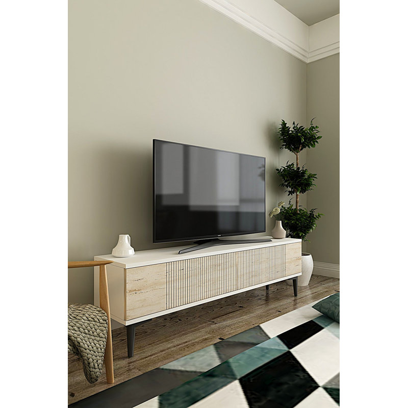 Meuble télé moderne, blanc et travertin, 47,2 po x 15,9 po x 12,6 po | 100% panneau de particules enduit de mélamine, épaisseur: 0,7 pouce | Fixation murale, conception géométrique élégante, parfaite pour le salon et les espaces de divertissement